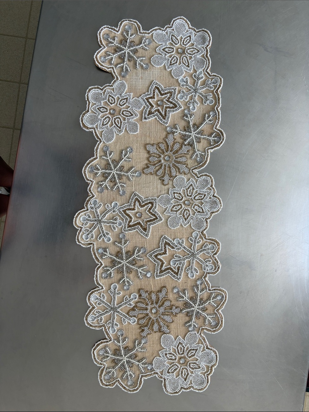 St. Nicholas Square White and Gold Snowflake Table Runner